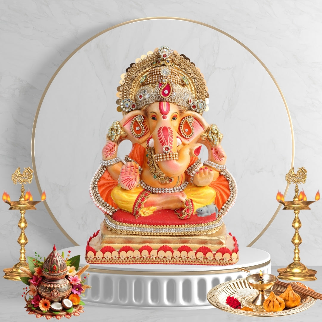 11 Inch – Ganesha Idol in Golden-Yellow Dhoti with Ornate Crown | Eco-Friendly Shadu Mitti Ganpati Murti with Orange Drape & Royal Embellishments