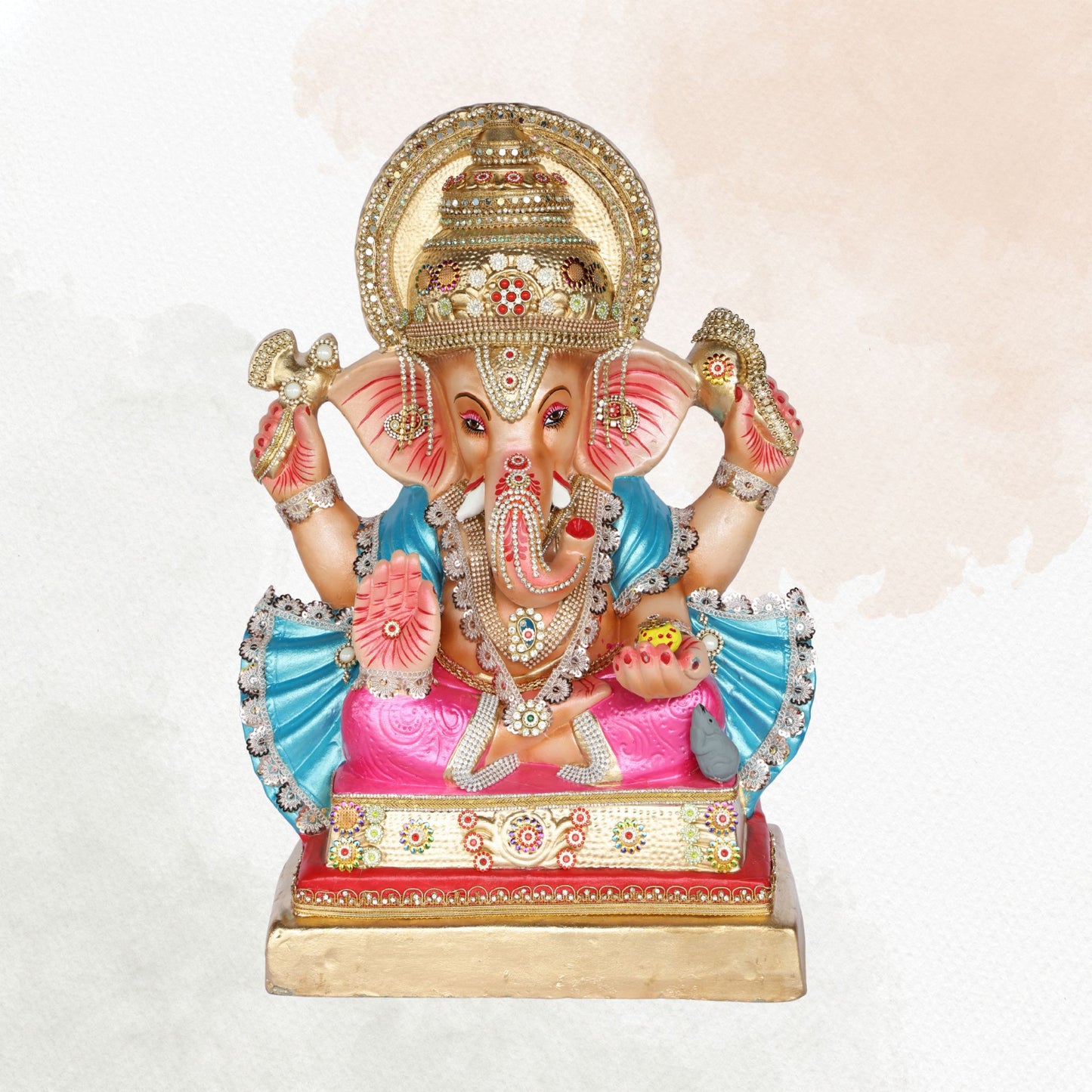 25 Inch – Majestic Ganesha Idol in Blue & Pink Attire | Shadu Mitti Clay Murti with Ornate Golden Crown & Blessing Pose