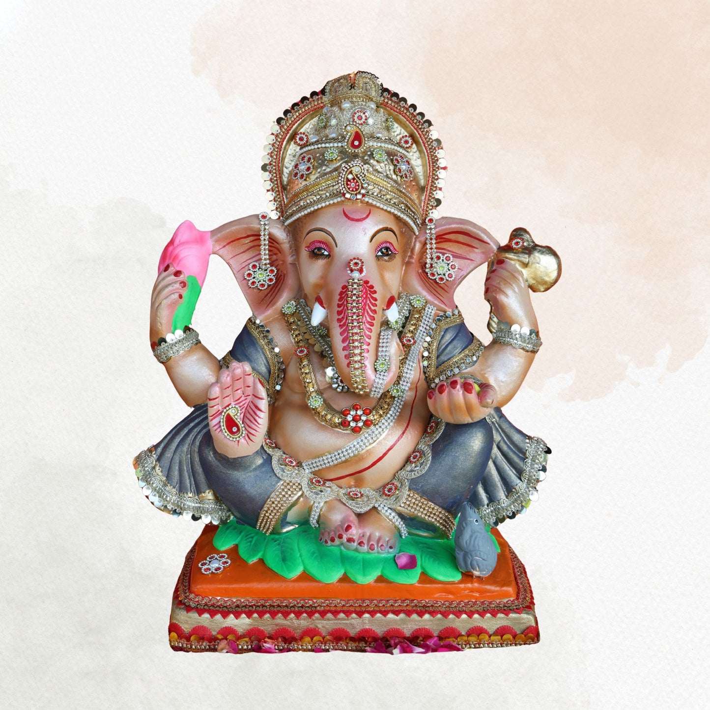 19 Inch – Regal Seated Grey Ganesha Idol with Lotus in Hand | Shadu Mitti Eco-Friendly Murti in Metallic Grey Attire with Royal Crown & Mouse on Base