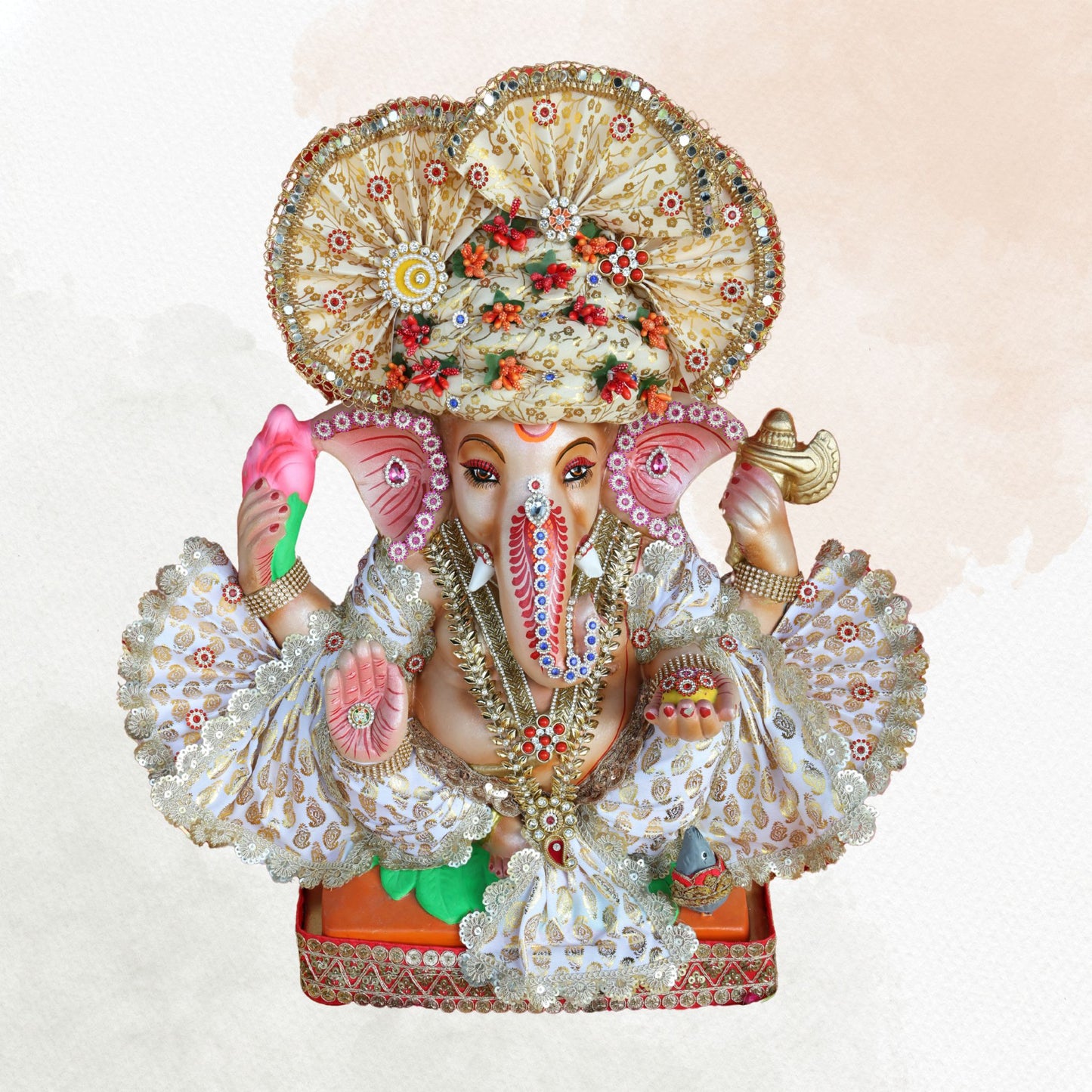 19 Inch – Royal White Attire Ganesha Idol with Floral Crown | Shadu Mitti Eco-Friendly Murti Holding Lotus & Laddoo