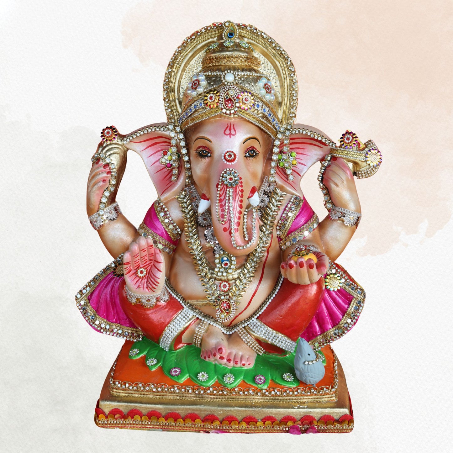 19 Inch – Divine Seated Ganesha Idol in Red Attire – Shadu Mitti Clay Murti with Golden Crown & Pink Dupatta