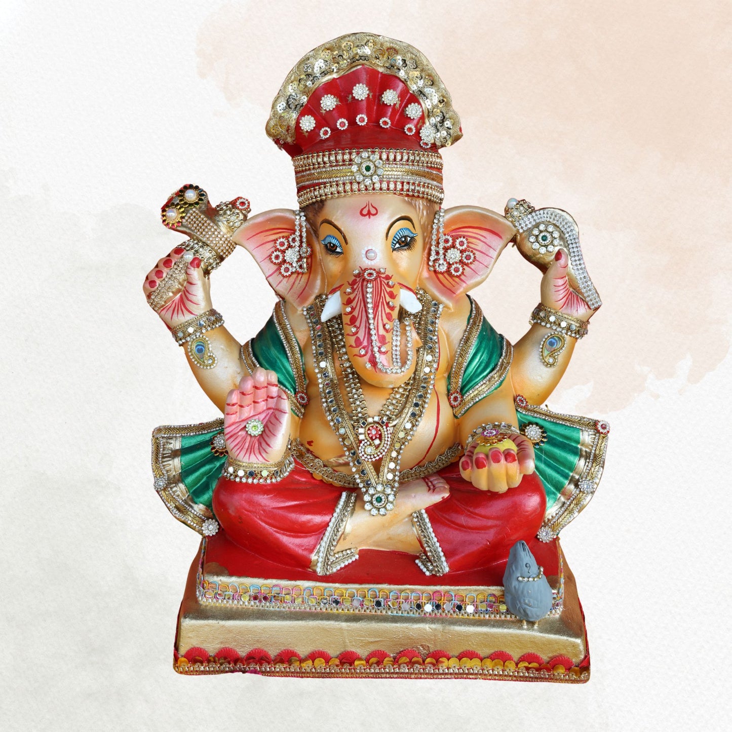 19 Inch – Traditional Seated Ganesha Idol in Red & Green Attire – Shadu Mitti Clay Murti with Red Crown & Stone Embellishments