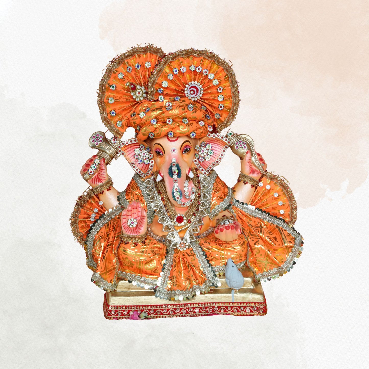 19 Inch – Regal Seated Ganesha Idol in Vibrant Orange Attire | Shadu Mitti Eco-Friendly Murti with Grand Turban & Blessing Pose