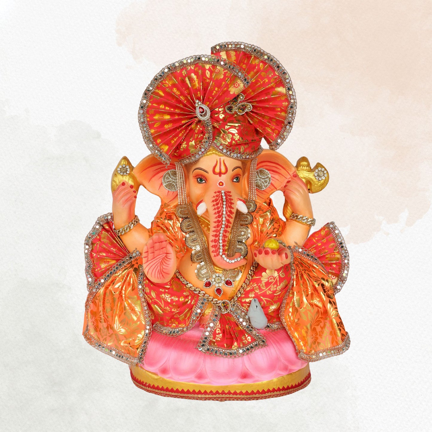 23 Inch – Traditional Orange Ganesha Idol | Shadu Mitti Eco-Friendly Murti with Red Pagdi & Pink Lotus Base