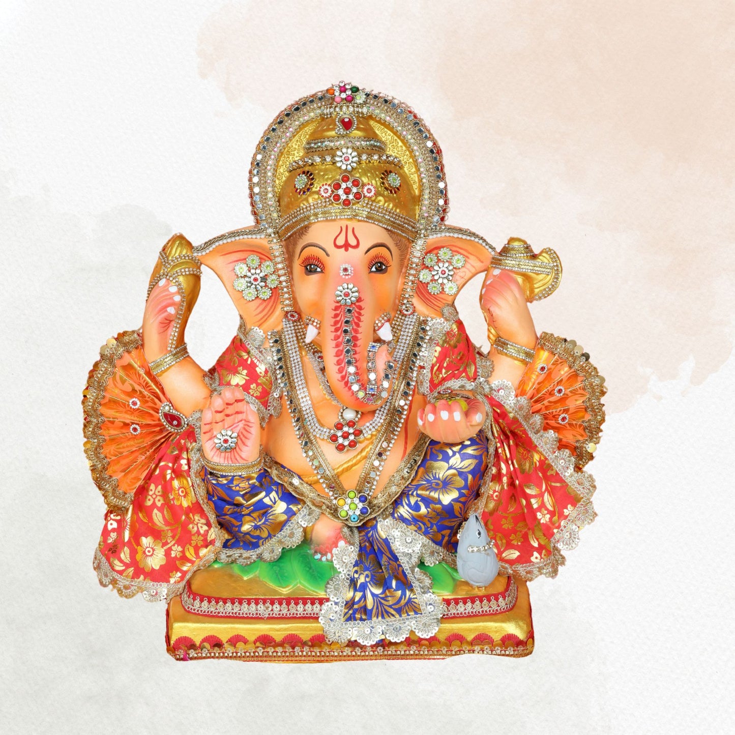 19 Inch – Vibrant Maharaja Ganesha Idol | Eco-Friendly Shadu Mitti Ganpati with Modak & Kalash | Blue & Orange Attire