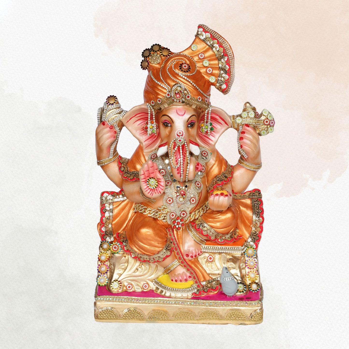 23 Inch – Copper Orange Ganesha Idol | Eco-Friendly Shadu Murti with Designer Crown & Rectangular Base