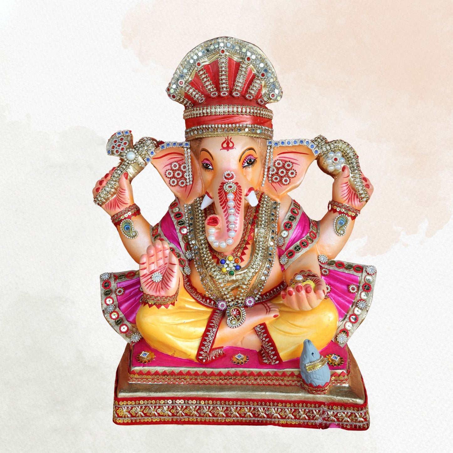 19 Inch – Elegant Seated Ganesha Idol in Yellow Attire – Shadu Mitti Clay Murti with Red Pagdi & Pearl Stone Work