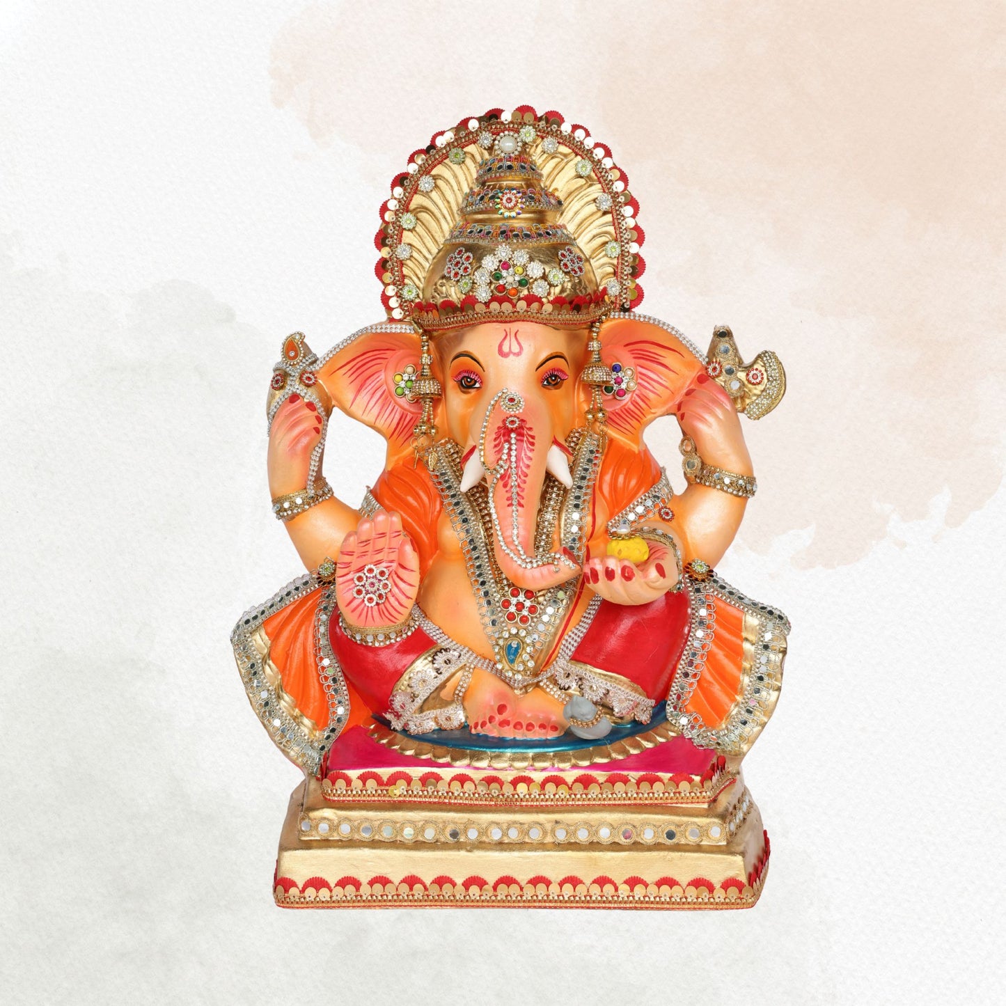 23 Inch – Royal Seated Ganesha Idol in Orange Attire | Shadu Mitti Eco-Friendly Murti with Decorative Golden Crown & Stone Work
