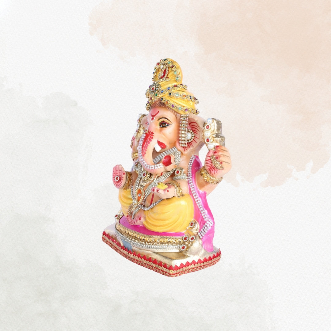 13 Inch – Graceful Seated Ganesha Idol in Yellow Attire – Shadu Mitti Clay Murti with Yellow Pagdi & Pearl Stone Work