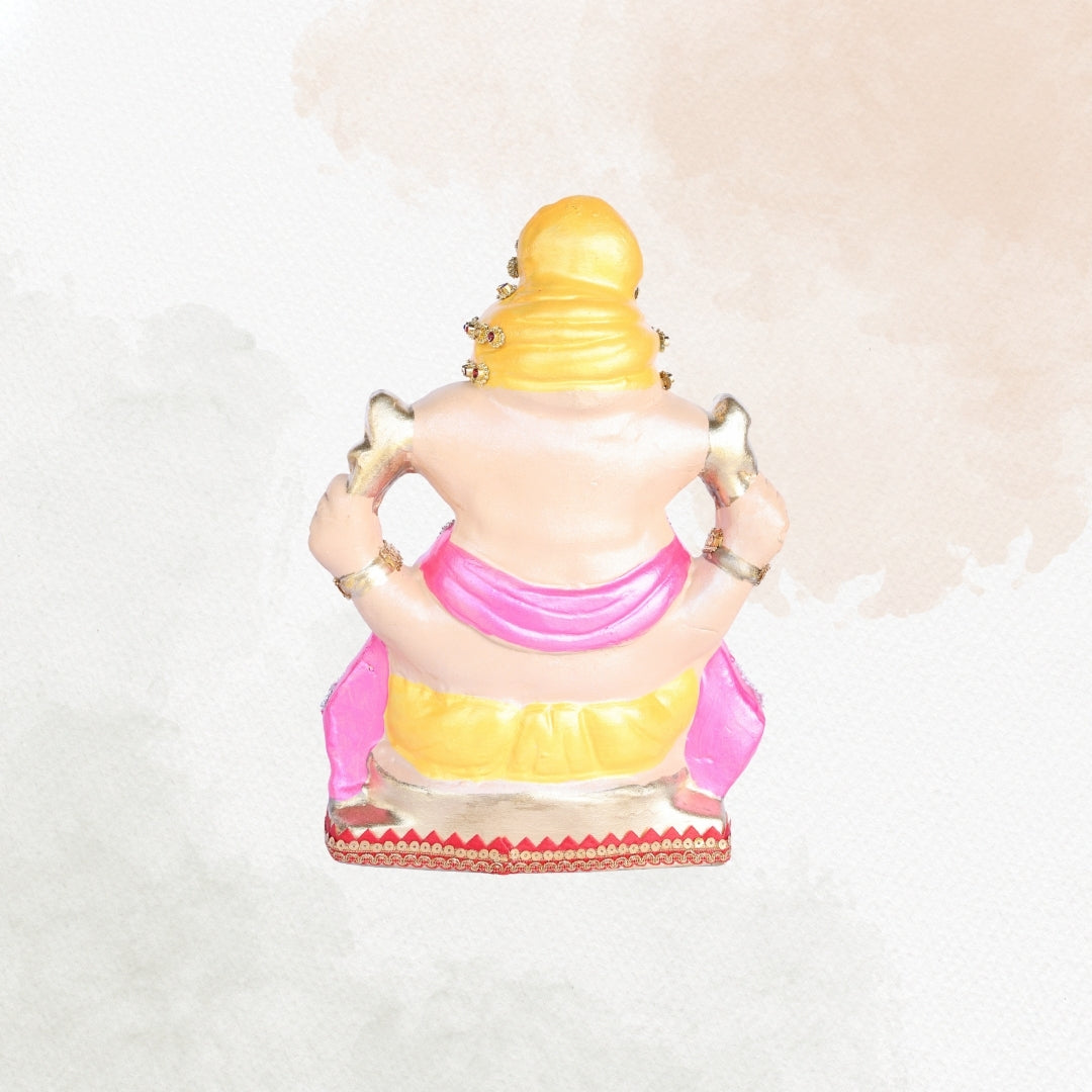 13 Inch – Graceful Seated Ganesha Idol in Yellow Attire – Shadu Mitti Clay Murti with Yellow Pagdi & Pearl Stone Work