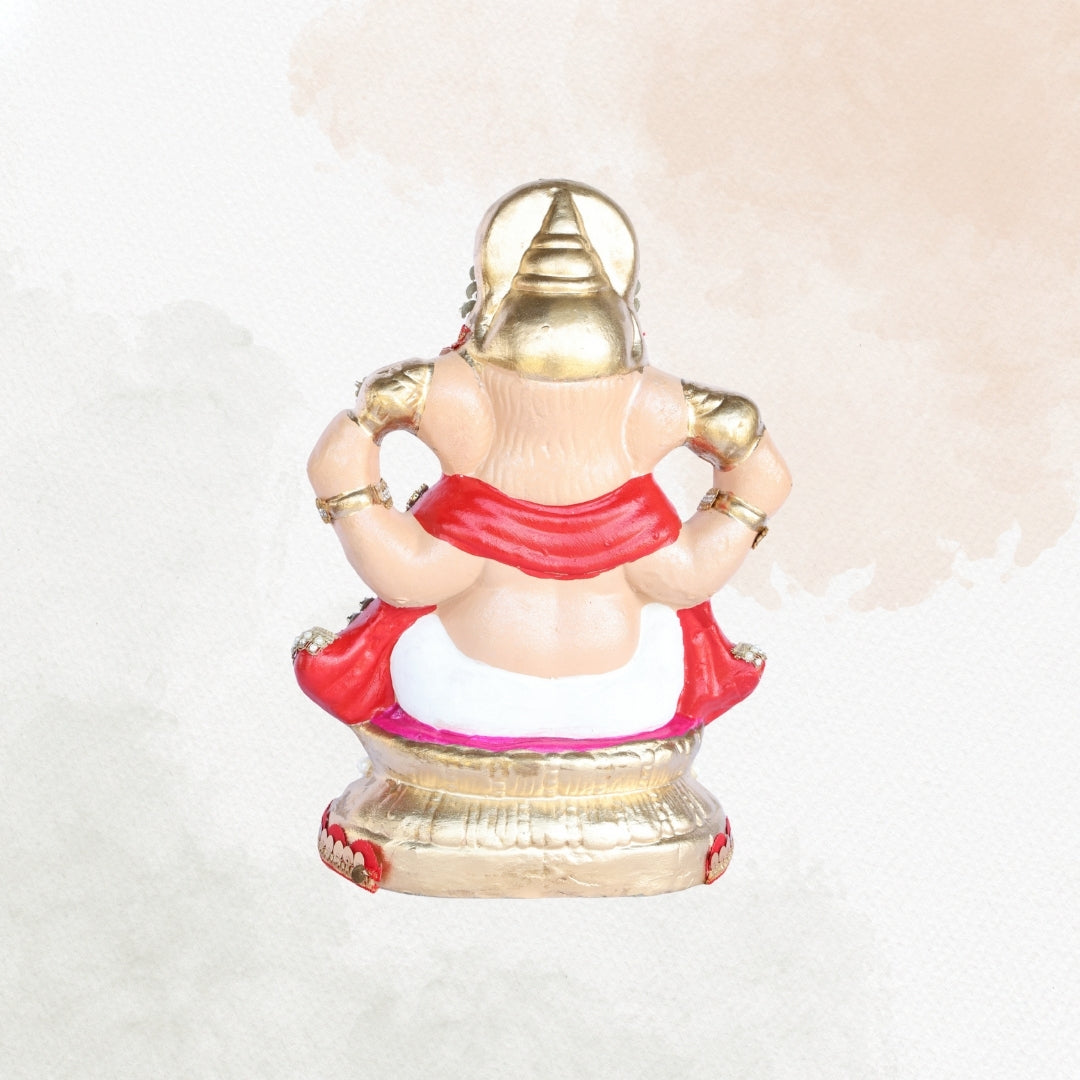 13 Inch – Blessing Pose Ganesha Idol in Red & White Attire | Shadu Mitti Clay Murti with Golden Crown & Pearl Stone Work
