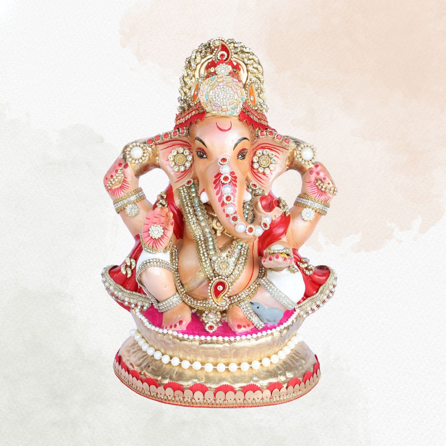 13 Inch – Blessing Pose Ganesha Idol in Red & White Attire | Shadu Mitti Clay Murti with Golden Crown & Pearl Stone Work