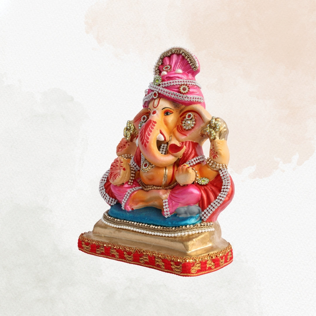 11 Inch – Seated Ganesha Idol in Elegant Pink Attire | Eco-Friendly Shadu Mitti Murti with Ornate Stone & Pearl Work