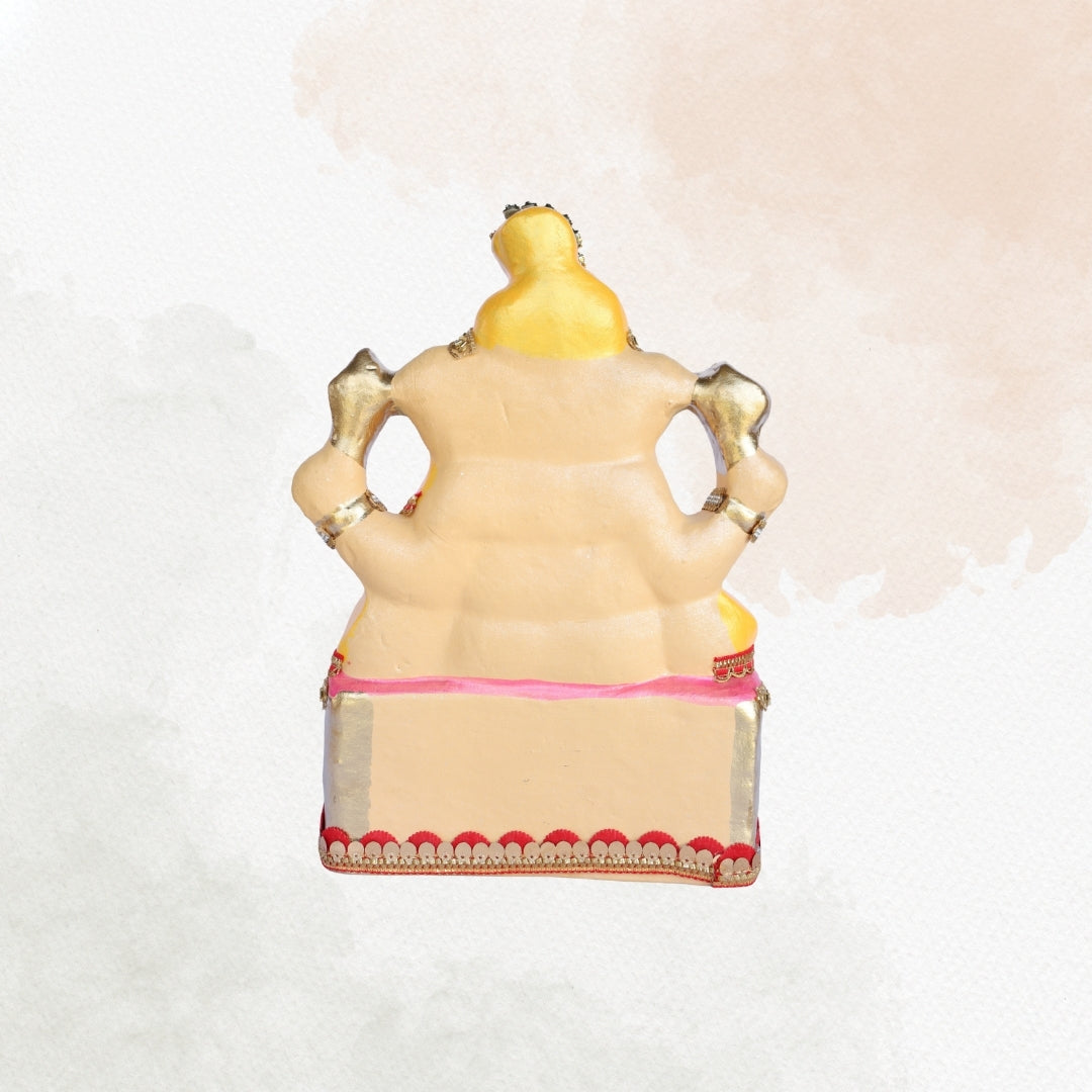 13 Inch – Royal Seated Ganesha Idol in Yellow Dhoti | Shadu Mitti Clay Murti with Bejeweled Golden Pagdi & Red Throne Base
