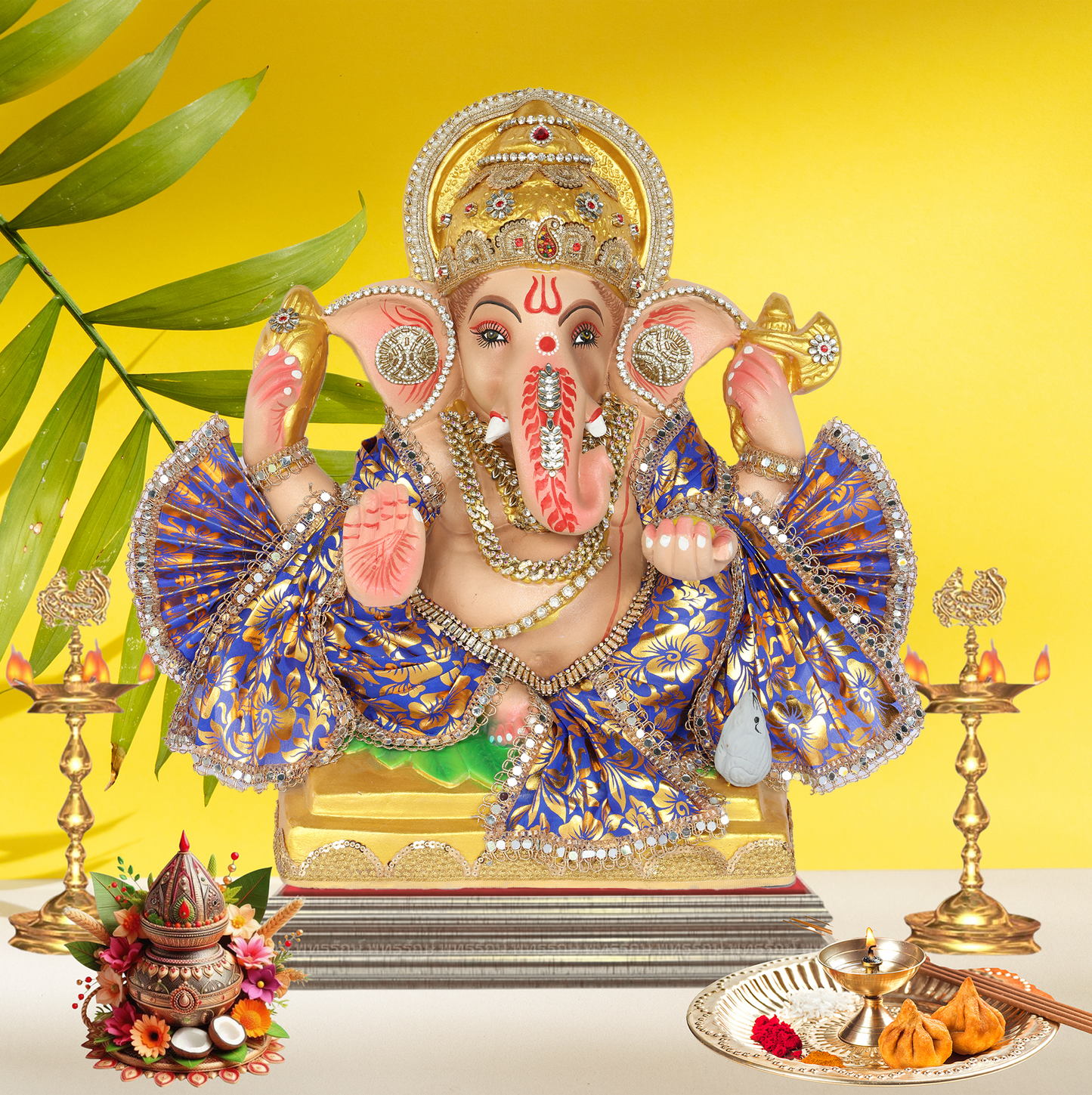 19 Inch – Royal Blue Attire Ganesha Idol | Eco-Friendly Shadu Mitti Ganpati Murti