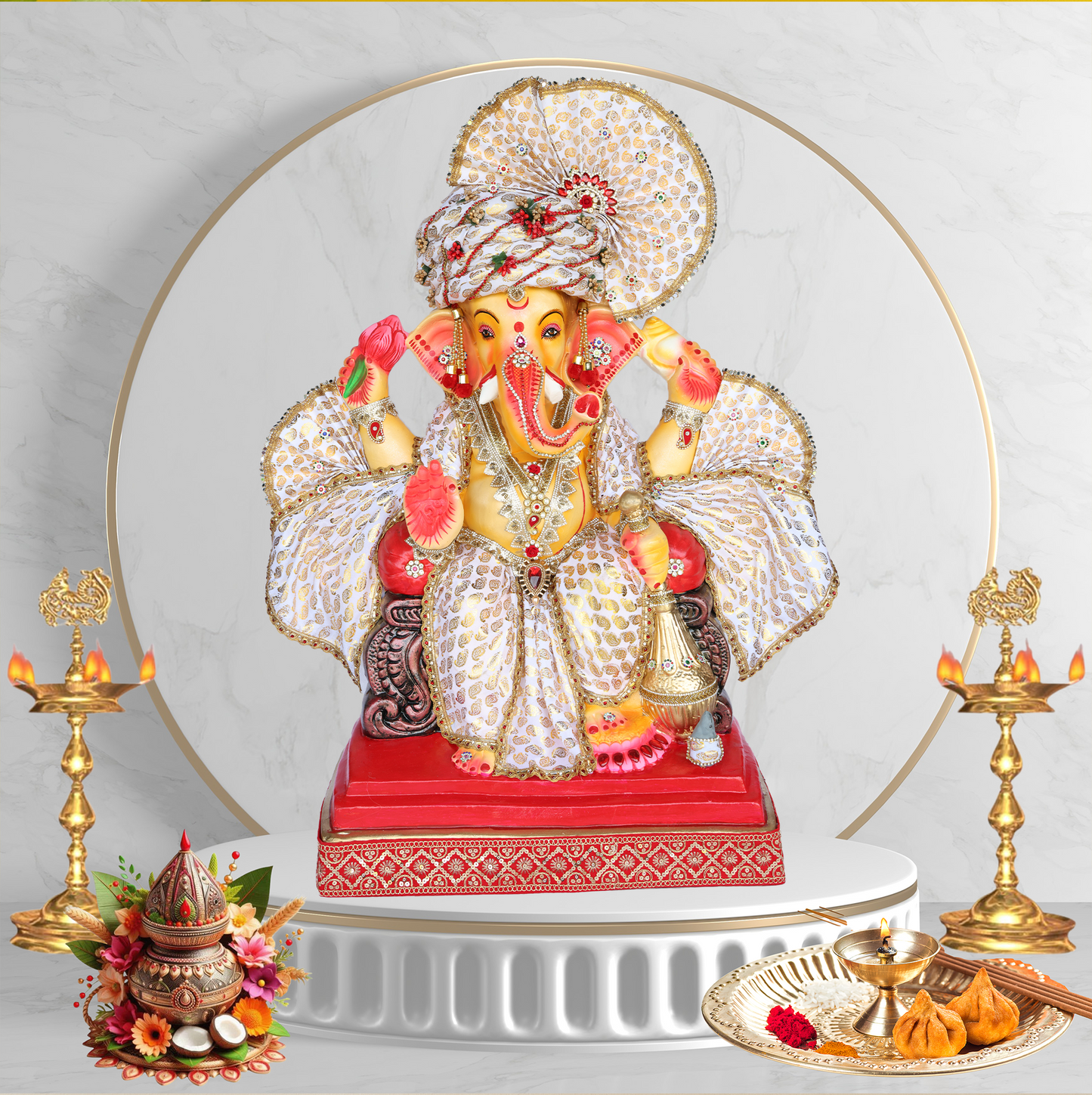34Inch - Royal Seated Ganesha Idol in Elegant White & Gold Attire | Shadu Mitti Murti with Designer Pagdi and Golden Kalash
