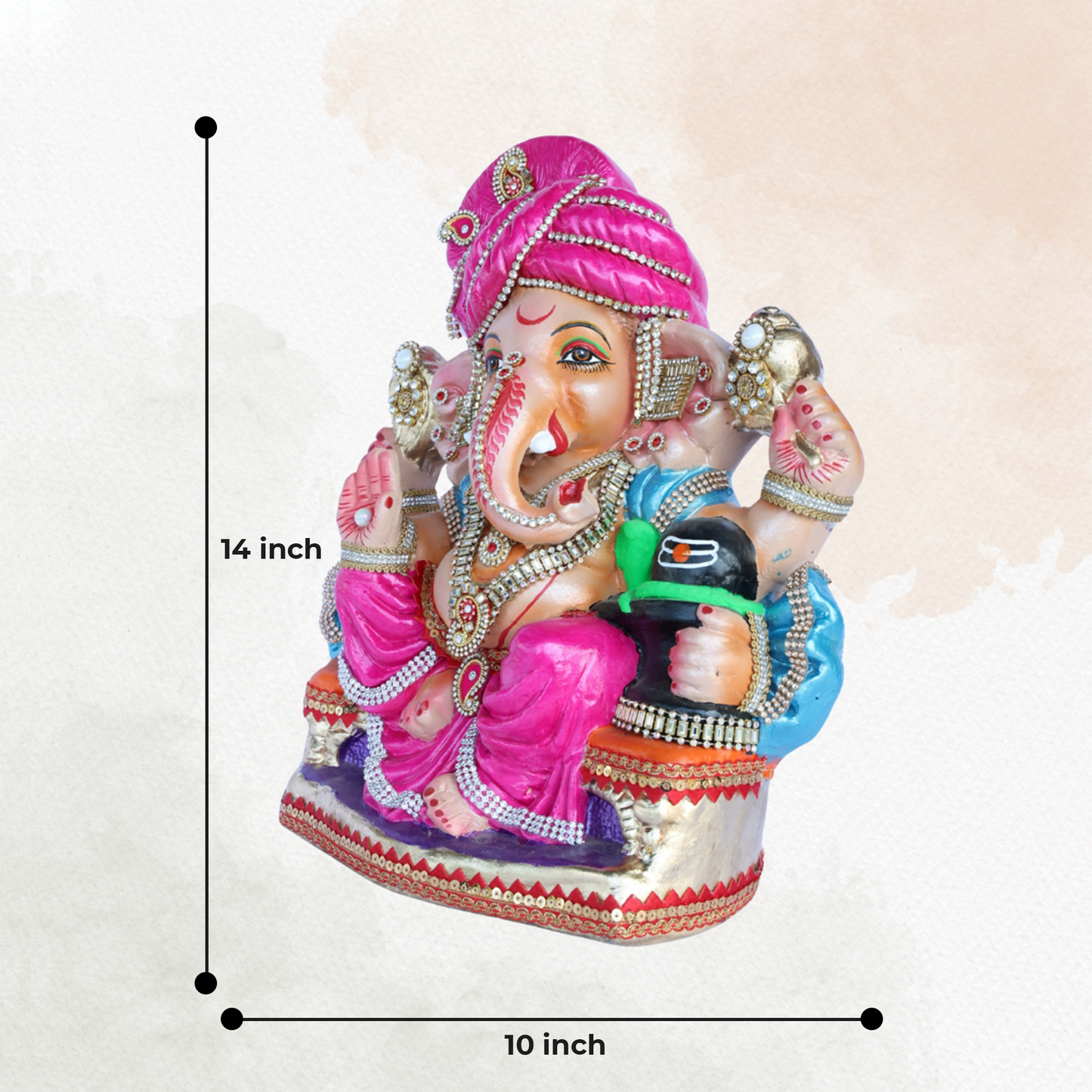 14 Inch – Vibrant Pink Attired Ganesha Idol | Shadu Mitti Clay Murti with Bright Pink Pagdi & Shivling Element | Eco-Friendly & Visarjan-Friendly