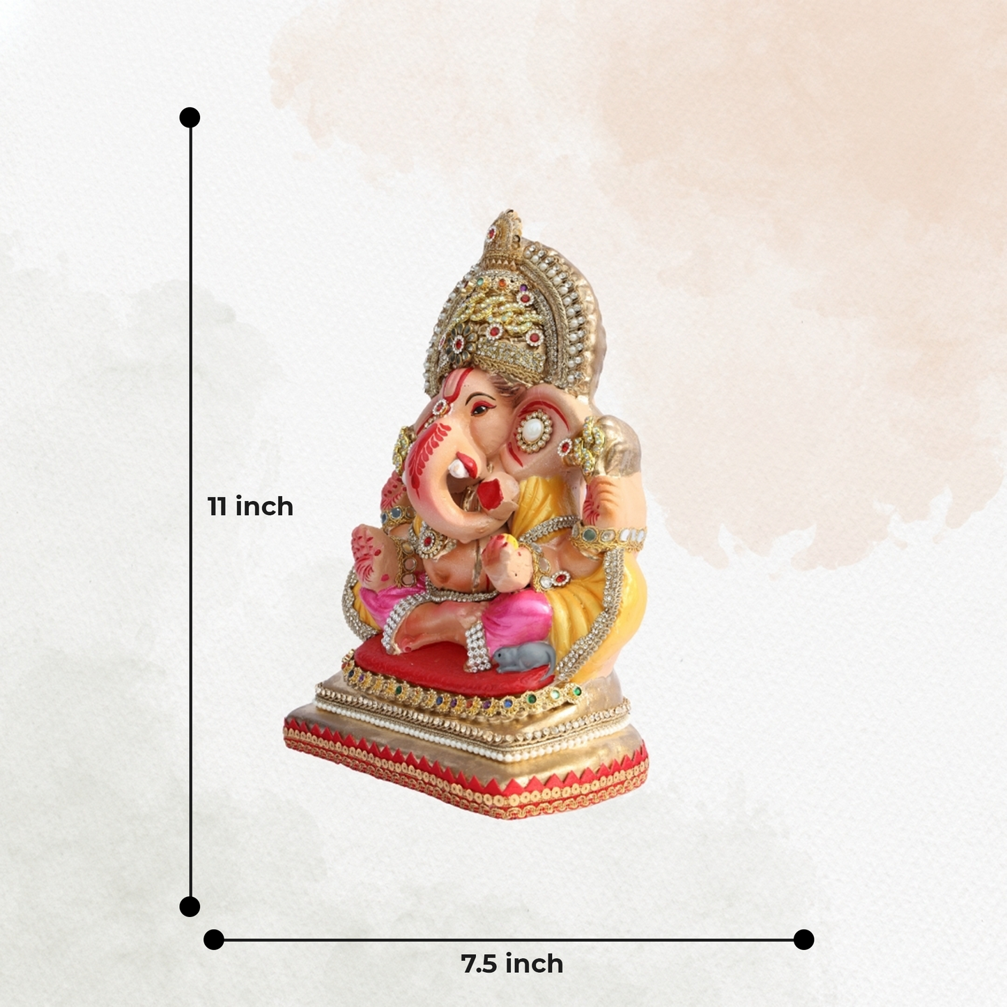 11 Inch – Elegant Seated Ganesha Idol in Pink & Yellow Attire | Shadu Mitti Eco-Friendly Clay Murti with Golden Beaded Crown & Pearl Accents