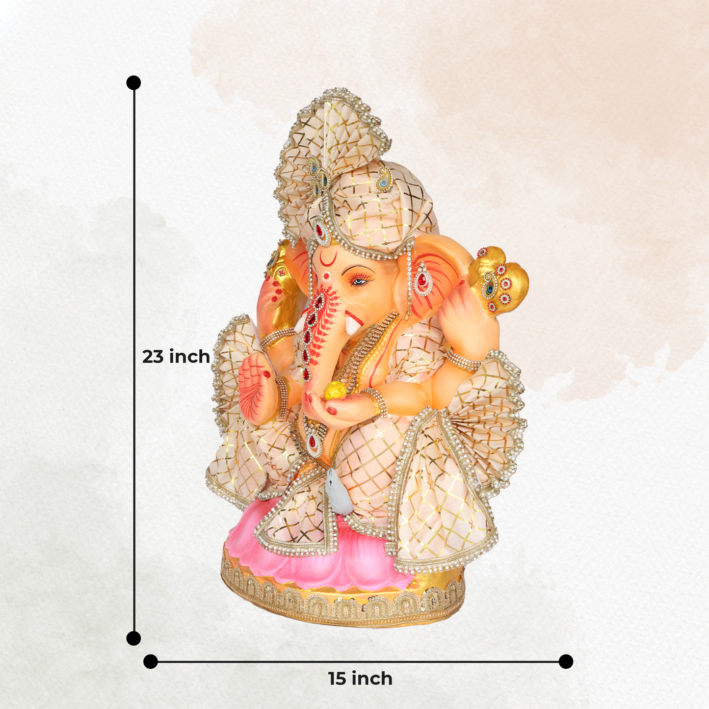 23 Inch – Elegant Seated Ganesha Idol in Cream-Gold Attire | Shadu Mitti Eco-Friendly Murti with Designer Pagdi & Red Gemstone Work