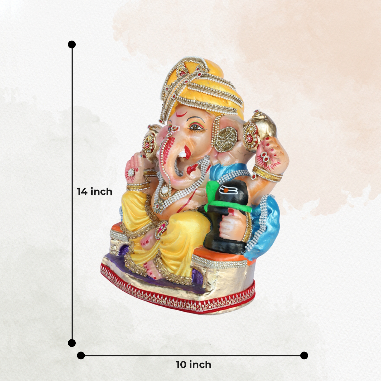 14 Inch – Elegant Ganesha Idol in Yellow Dhoti | Shadu Mitti Murti with Golden Pagdi & Shivling | Eco-Friendly Visarjan Idol