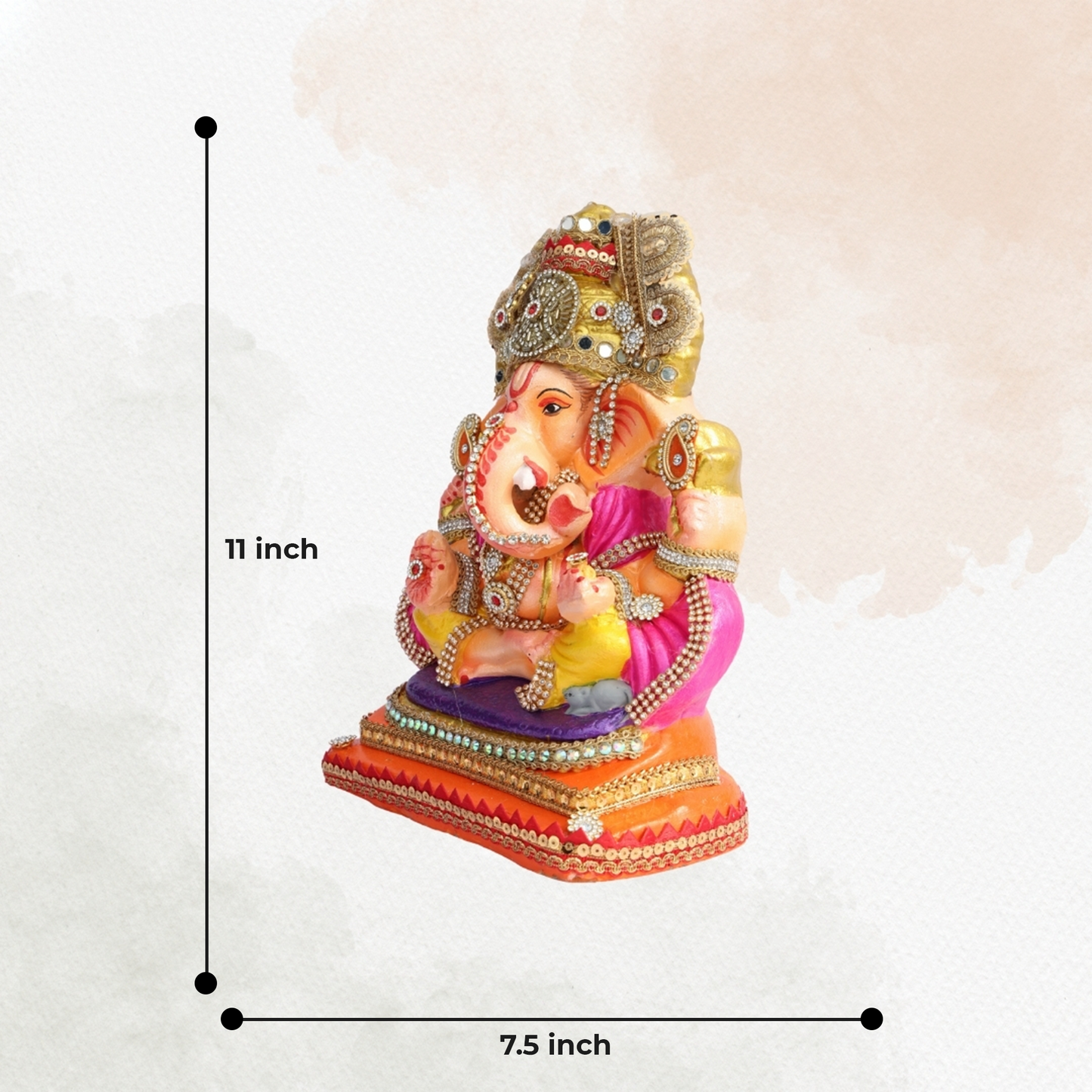 11 Inch – Vibrant Seated Ganesha Idol in Yellow Dhoti & Pink Shawl | Shadu Mitti Eco-Friendly Clay Murti with Grand Kundan Crown & Purple Base