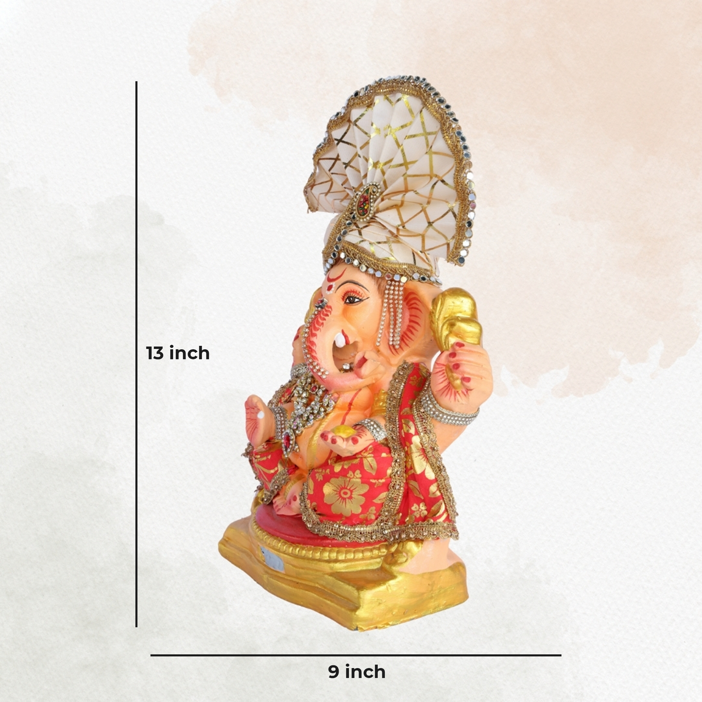 13 Inch – Majestic Seated Ganesha Idol in Red Floral Attire | Shadu Mitti Clay Murti with Cream Maharashtrian Pagdi & Stone Embellished Jewelry