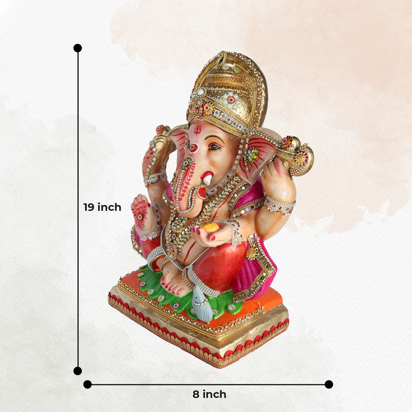 19 Inch – Divine Seated Ganesha Idol in Red Attire – Shadu Mitti Clay Murti with Golden Crown & Pink Dupatta