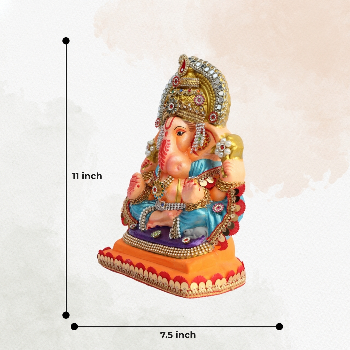 11 Inch – Grand Seated Ganesha Idol in Blue Attire | Shadu Mitti Clay Murti with Gold Crown & Designer Stonework Base
