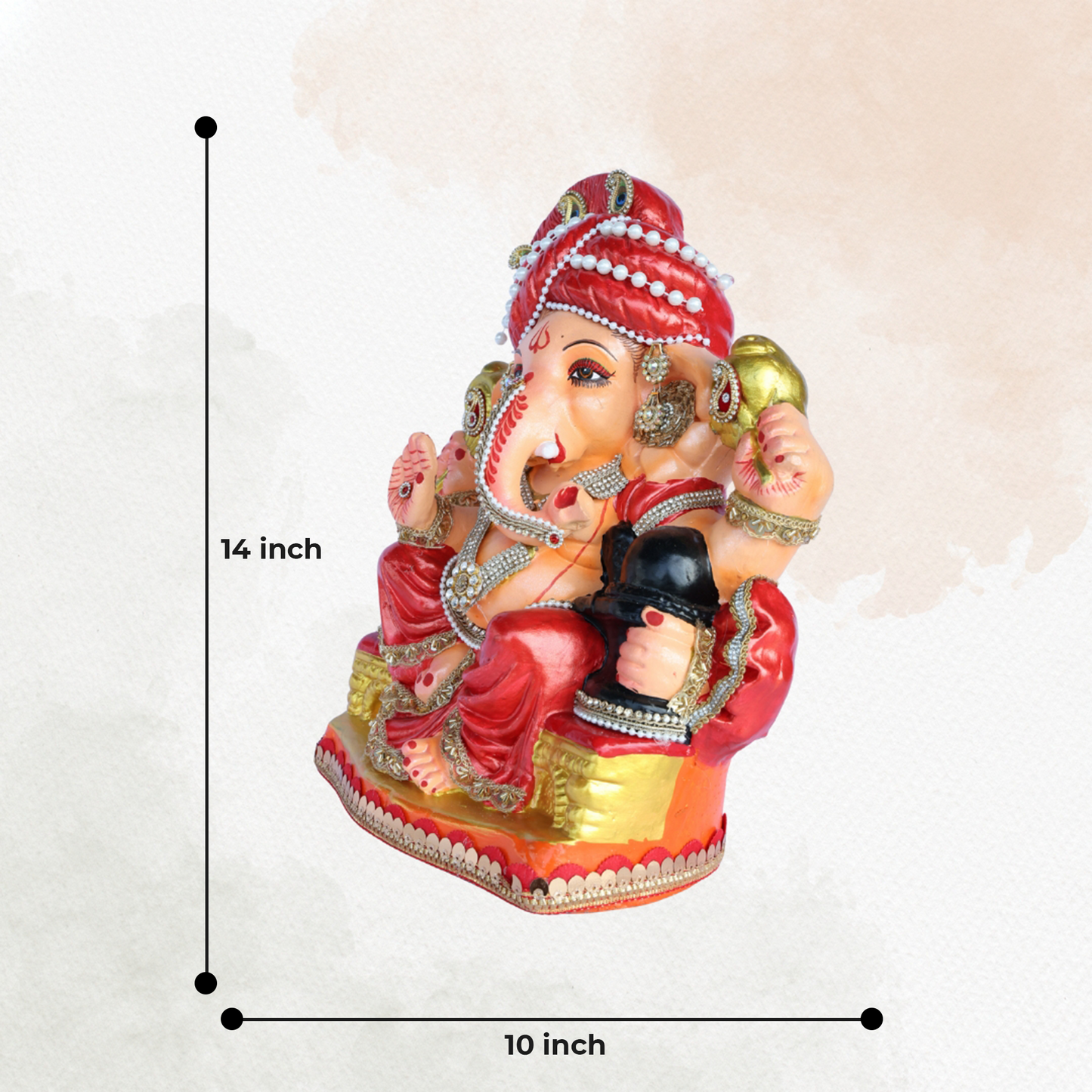 14 Inch – Traditional Seated Ganesha Idol in Red Attire with Red Pagdi | Eco-Friendly Shadu Mitti Murti Holding Shivling