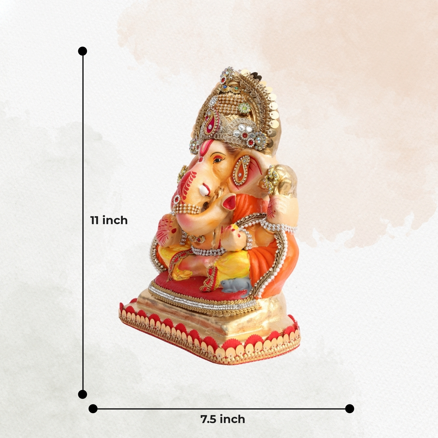 11 Inch – Ganesha Idol in Golden-Yellow Dhoti with Ornate Crown | Eco-Friendly Shadu Mitti Ganpati Murti with Orange Drape & Royal Embellishments