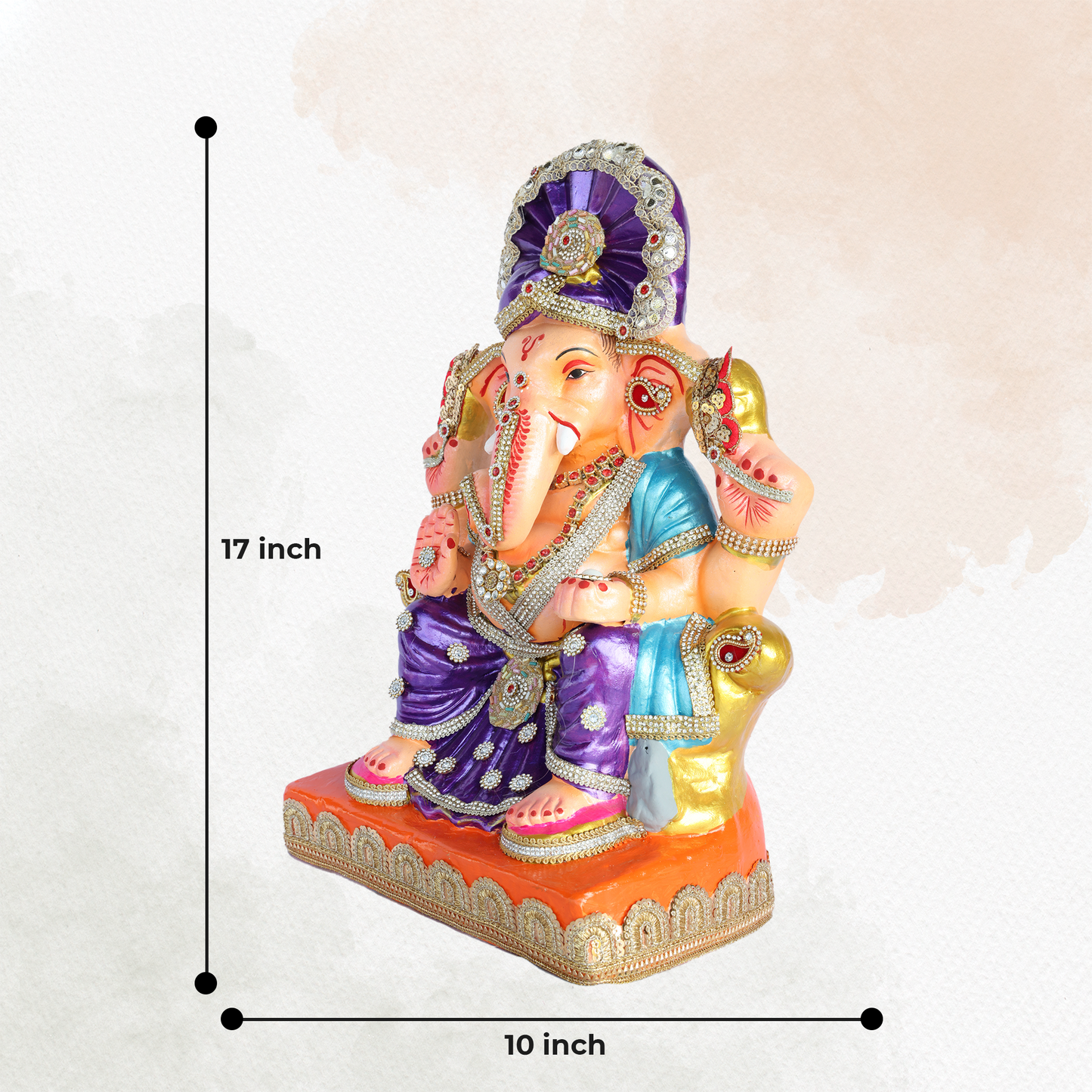 17 Inch – Royal Purple Ganpati Idol with Sky Blue Shawl & Crown | Eco-Friendly Shadu Mitti Ganesh Murti with Decorative Embellishments