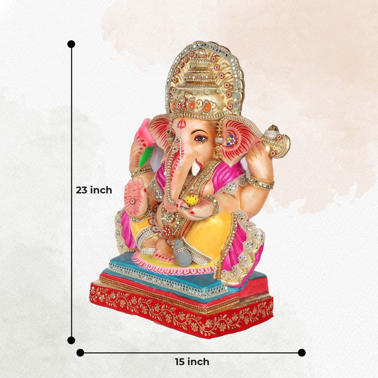 23 Inch – Elegant Seated Ganesha Idol in Yellow-Pink Attire | Shadu Mitti Eco-Friendly Murti with Stone-Studded Golden Crown & Lotus in Hand