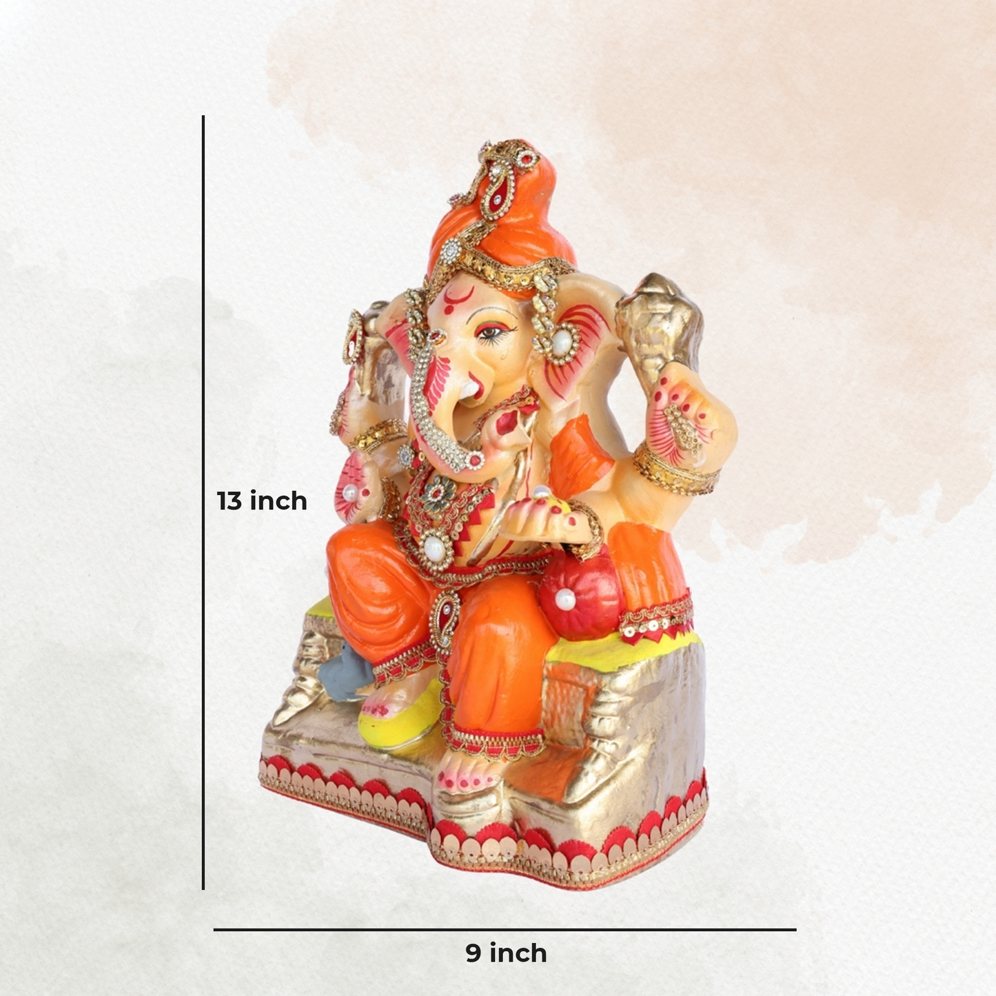 13 Inch – Regal Seated Ganesha Idol in Orange Attire – Shadu Mitti Clay Murti with Red Pagdi & Stone Work