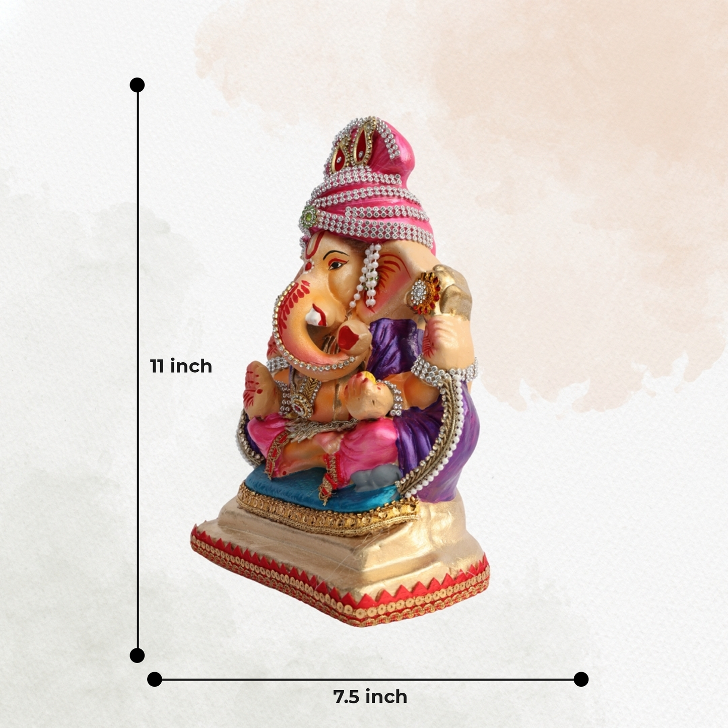 11 Inch – Traditional Pink Turban Ganesha Idol | Shadu Mitti Eco-Friendly Murti with Violet Shawl & Pearl Detailing