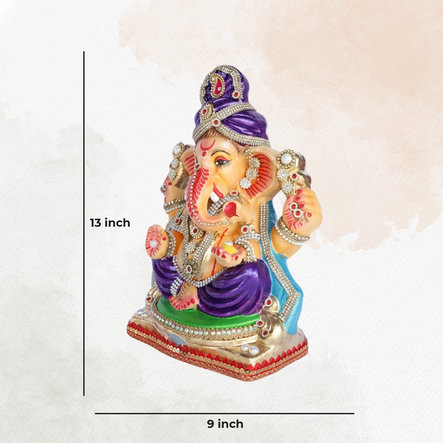 13 Inch – Royal Seated Ganesha Idol in Purple Attire Shadu Mitti Clay Murti with Blue Shawl & Pearl Stone Crown