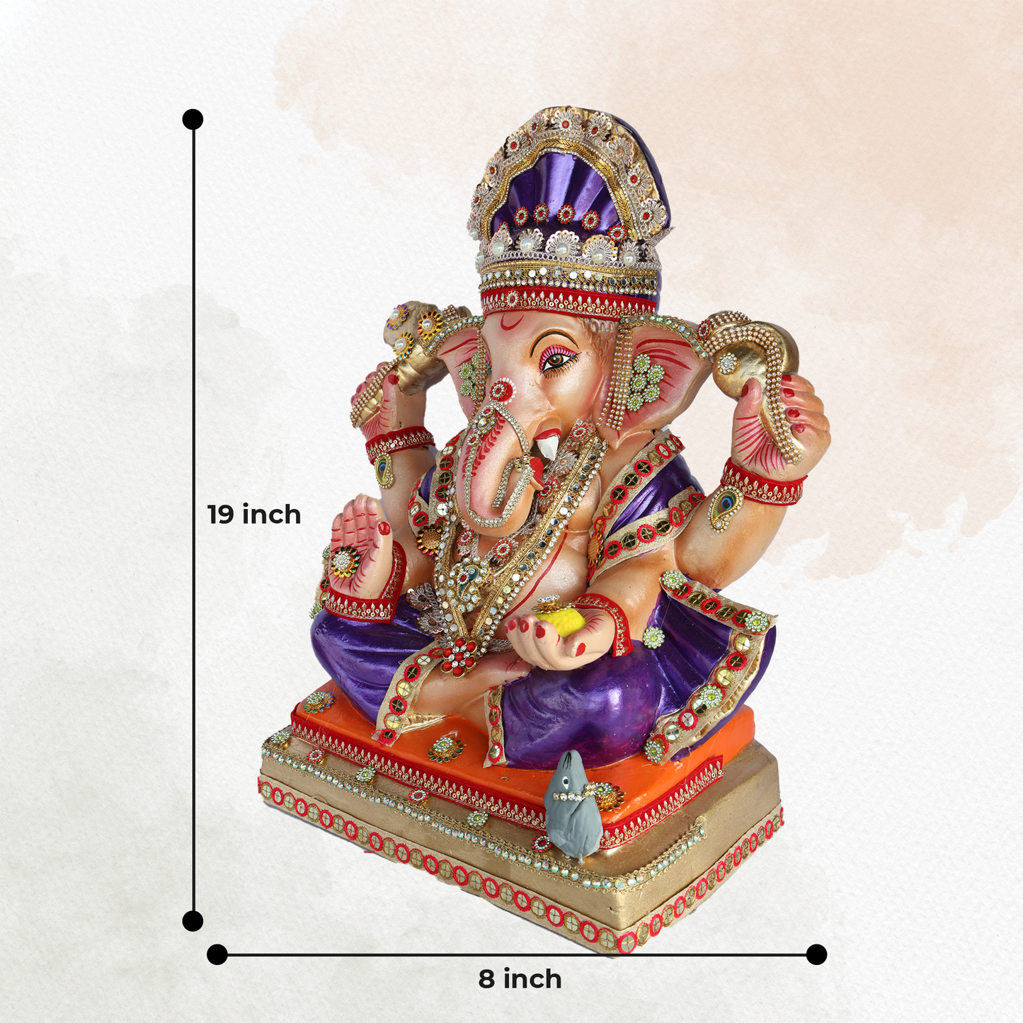 19 Inch – Divine Seated Ganesha Idol in Purple Attire – Shadu Mitti Clay Murti with Stone-Studded Crown & Orange Base