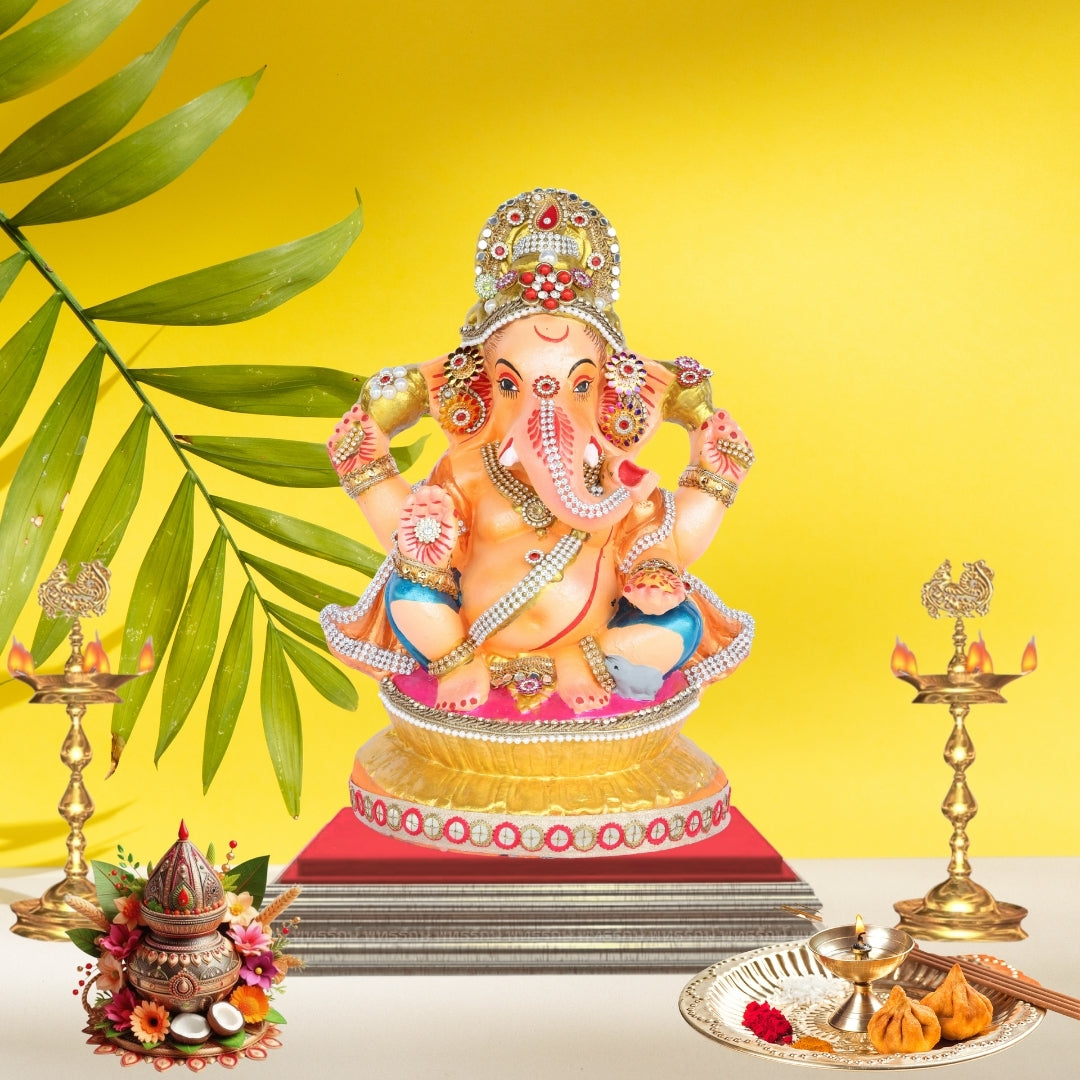 13 Inch – Warm Orange and Blue Attire Ganesha Idol | Decorated with Beads & Stones | Traditional Finish | Eco-Friendly Clay