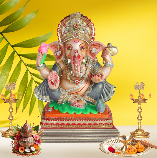 19 Inch – Regal Seated Grey Ganesha Idol with Lotus in Hand | Shadu Mitti Eco-Friendly Murti in Metallic Grey Attire with Royal Crown & Mouse on Base