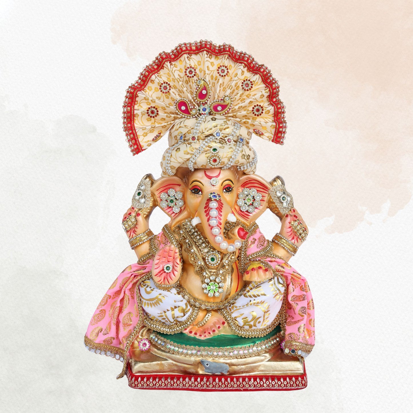 13 Inch – Elegant Cream & Gold Shadu Mitti Ganesha Idol with Royal Pagdi, Fan Crown & Floral Pearl Jewelry