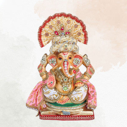 13 Inch – Elegant Cream & Gold Shadu Mitti Ganesha Idol with Royal Pagdi, Fan Crown & Floral Pearl Jewelry