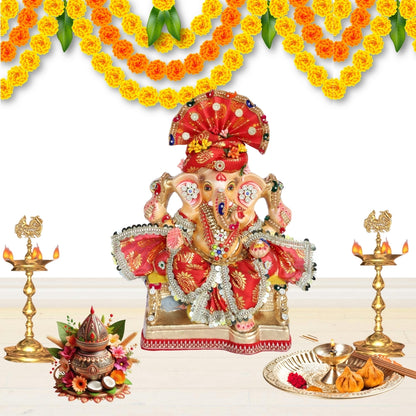 13 Inch – Traditional Red Shadu Mitti Ganesha Idol with Embroidered Crown, Vibrant Attire & Floral Ornaments