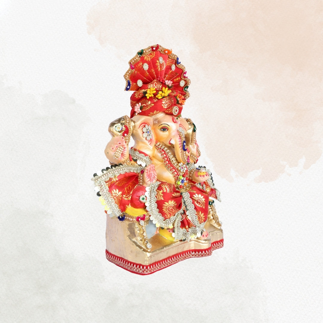 13 Inch – Traditional Red Shadu Mitti Ganesha Idol with Embroidered Crown, Vibrant Attire & Floral Ornaments