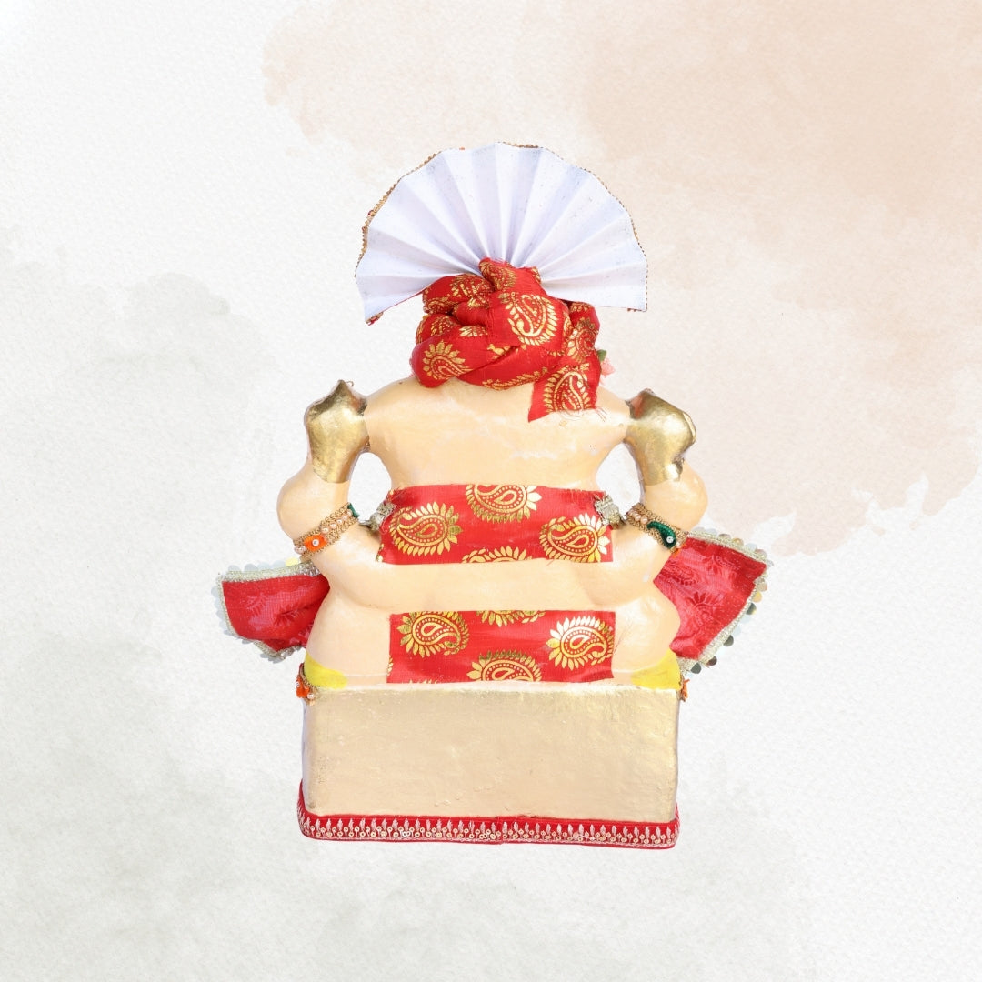 13 Inch – Traditional Red Shadu Mitti Ganesha Idol with Embroidered Crown, Vibrant Attire & Floral Ornaments