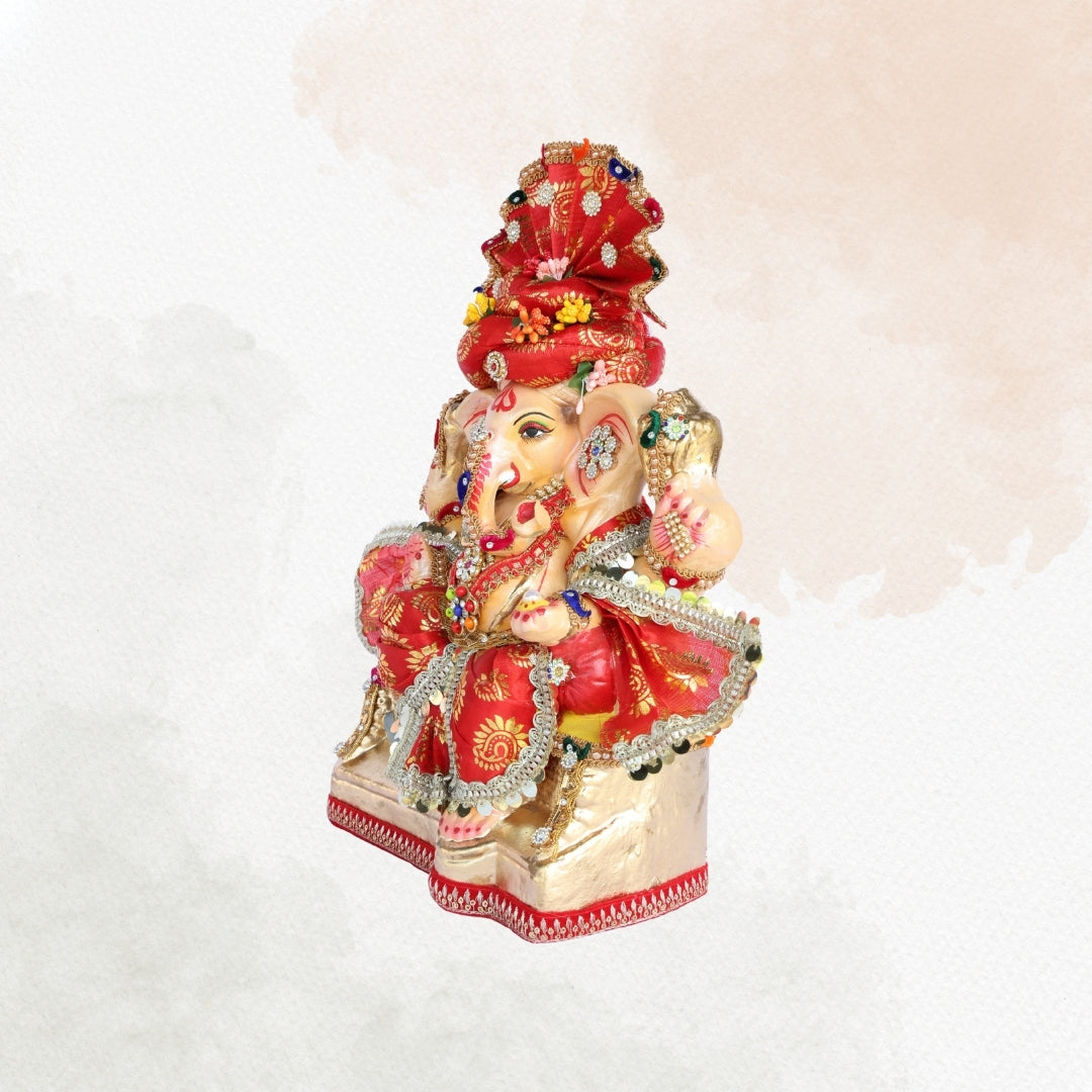 13 Inch – Traditional Red Shadu Mitti Ganesha Idol with Embroidered Crown, Vibrant Attire & Floral Ornaments