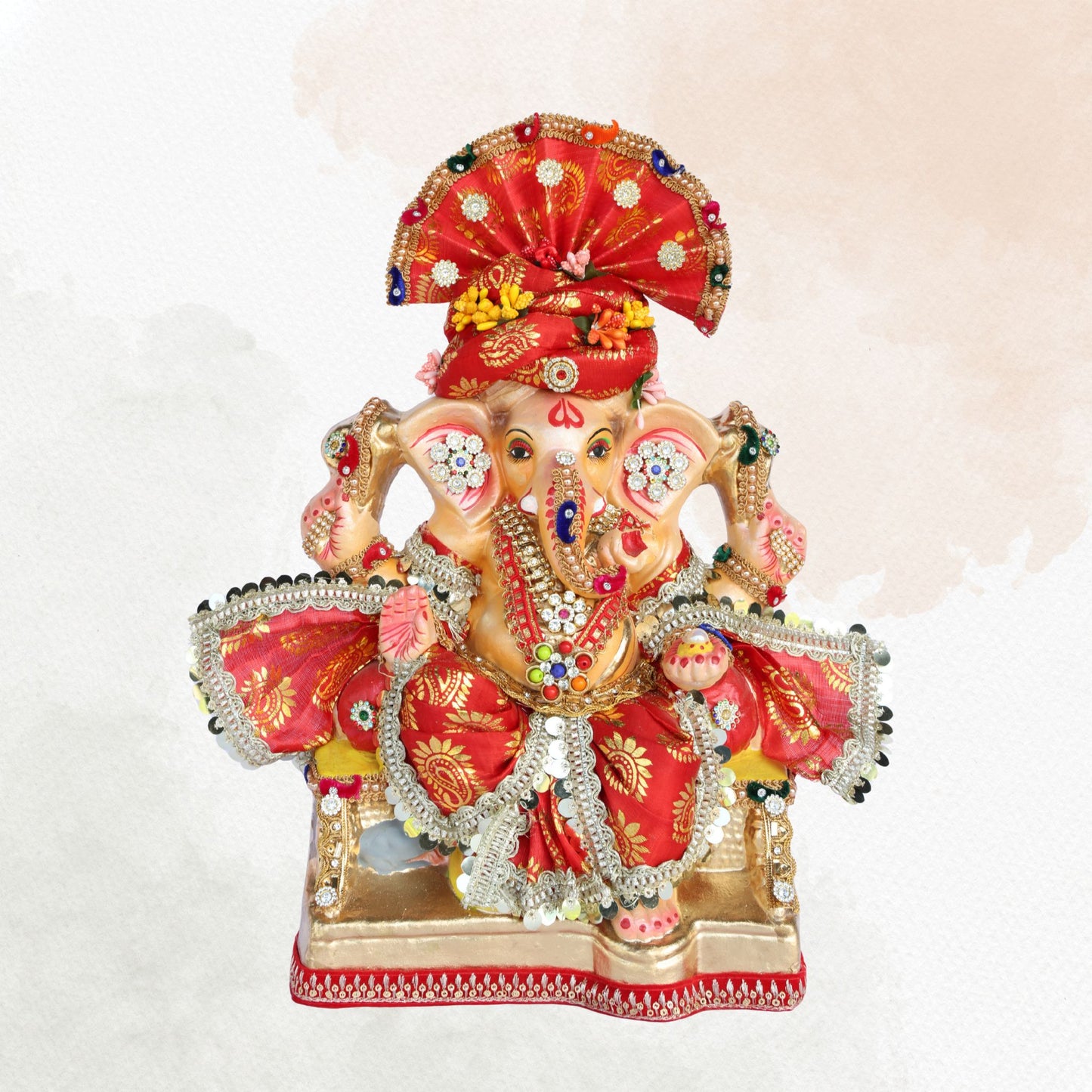 13 Inch – Traditional Red Shadu Mitti Ganesha Idol with Embroidered Crown, Vibrant Attire & Floral Ornaments