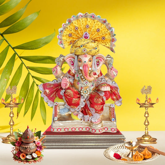 13 Inch – Majestic Yellow-Pagdi Shadu Mitti Ganesha Idol with Red Zari Attire & Pearl-Studded Crown
