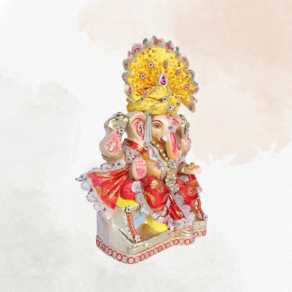 13 Inch – Majestic Yellow-Pagdi Shadu Mitti Ganesha Idol with Red Zari Attire & Pearl-Studded Crown