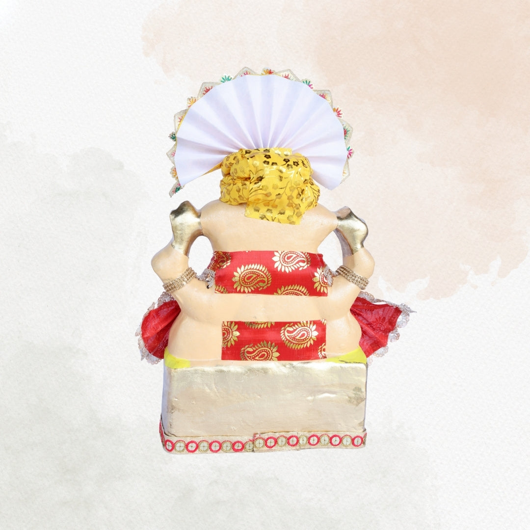 13 Inch – Majestic Yellow-Pagdi Shadu Mitti Ganesha Idol with Red Zari Attire & Pearl-Studded Crown