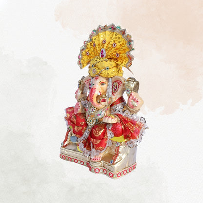 13 Inch – Majestic Yellow-Pagdi Shadu Mitti Ganesha Idol with Red Zari Attire & Pearl-Studded Crown