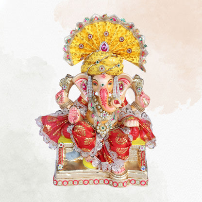 13 Inch – Majestic Yellow-Pagdi Shadu Mitti Ganesha Idol with Red Zari Attire & Pearl-Studded Crown